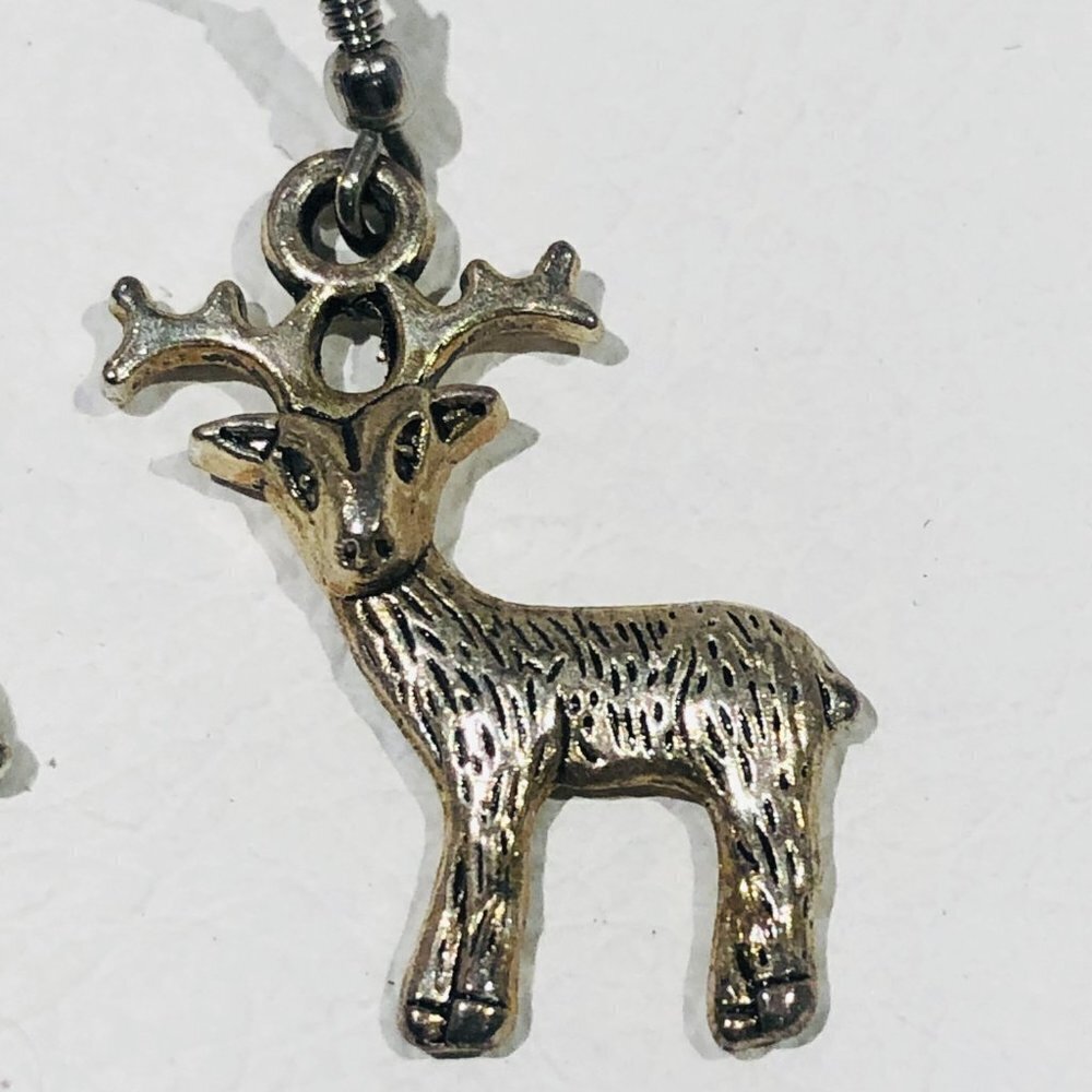 Silver Tone Deer Drop Earrings | Woodland Stag Reindeer Dangle Earrings - Picture 2 of 5